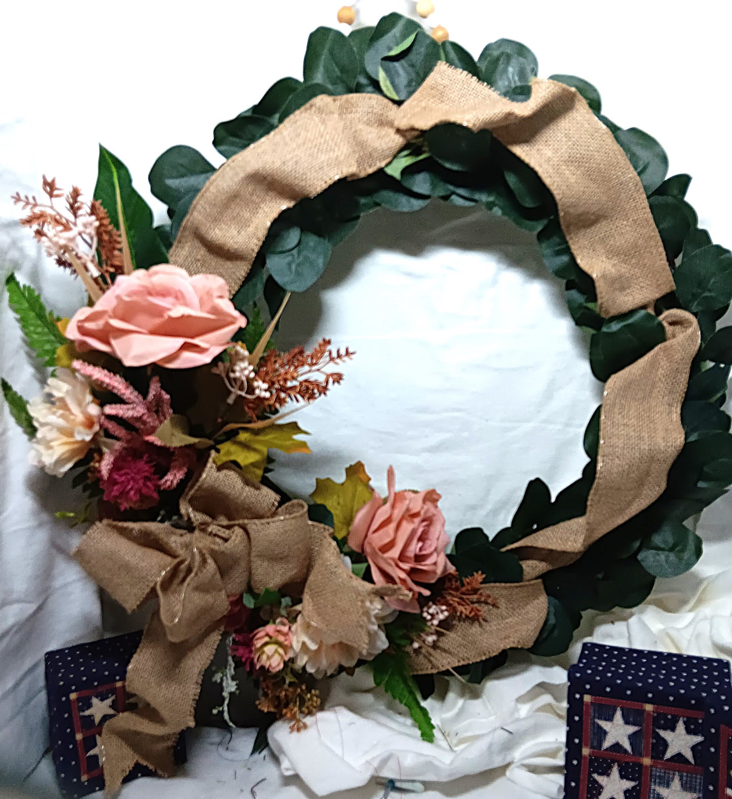 Eucalyptus Leaf Wreath with Burlap Ribbon and Dusty Pink Flowers