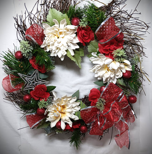 Christmas Wreath with White Mums and Red Roses